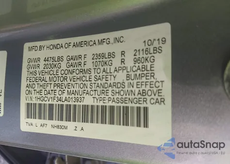 2020 Honda Accord Sport from USA, damaged, VIN 1HGCV1F34LA013937